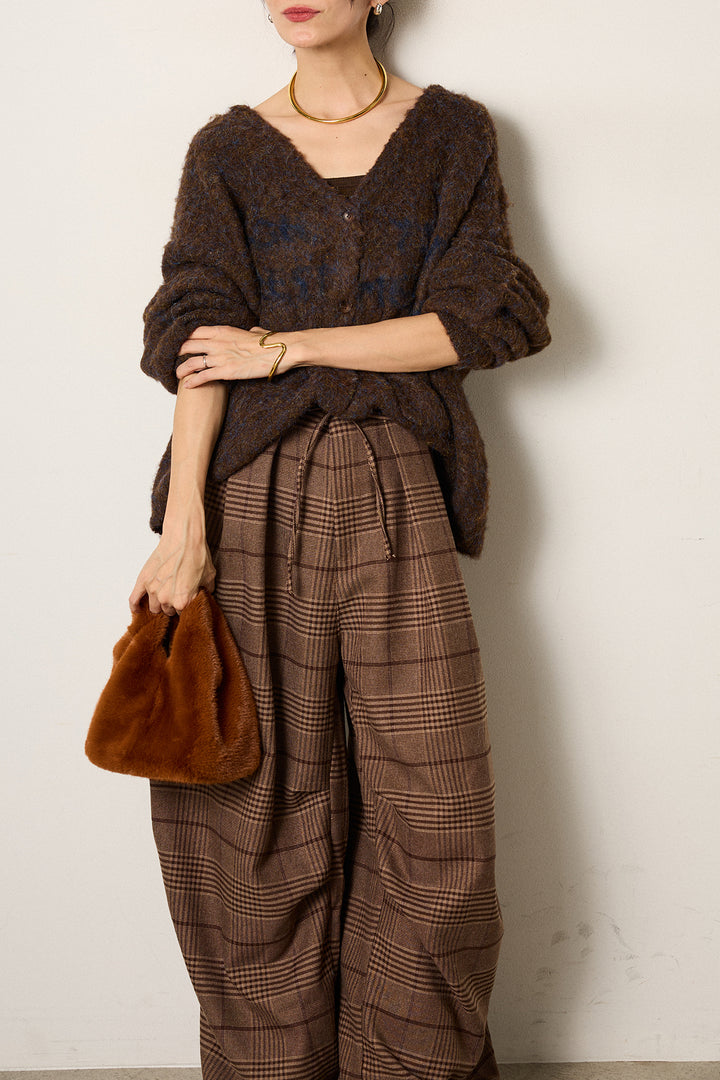 [SET]ウール混透かしロゴニットカーディガン+グレンチェックルーズタックパンツ(2set)