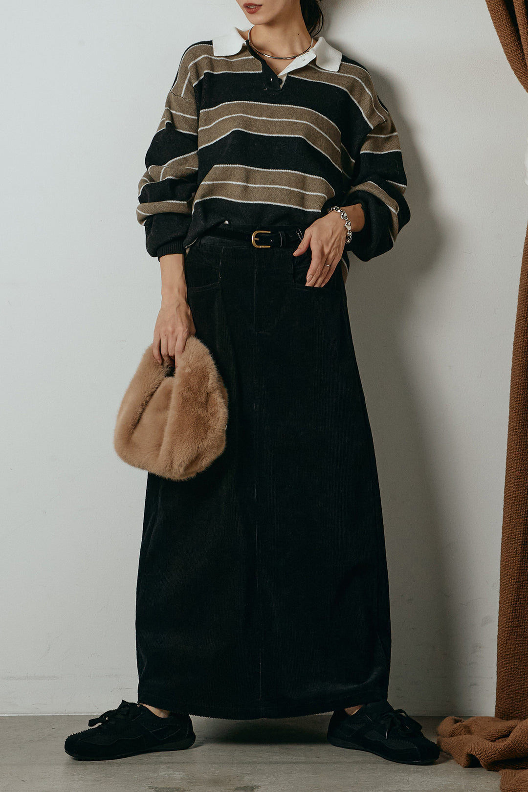 [SET]ラガーニットボーダーポロプルオーバー+ポーチベルト付きコーデュロイワイドスカート(2set)