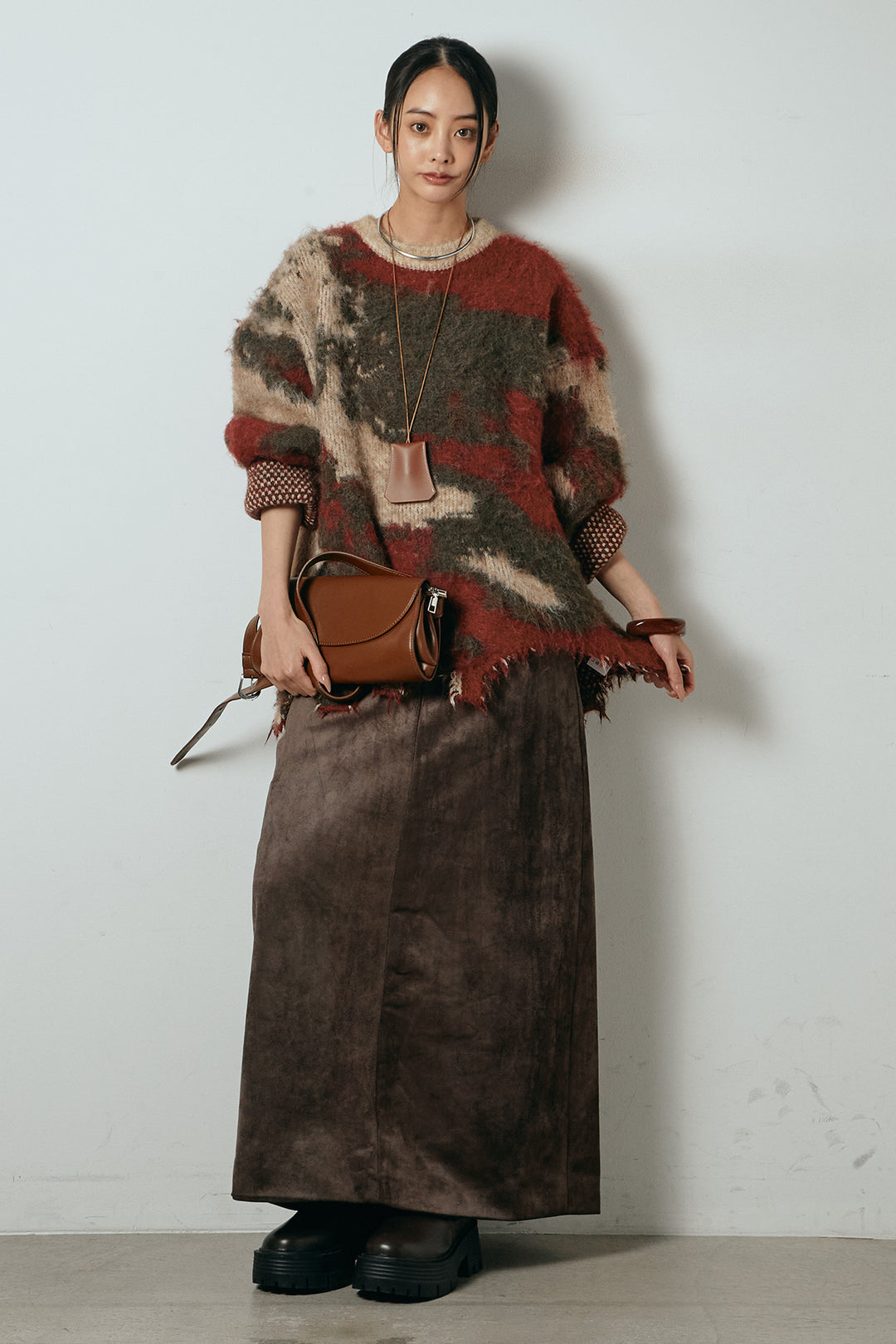 [SET]起毛裾デザインニュアンス柄ニットトップス+エコスウェードワイドスカート(2set)