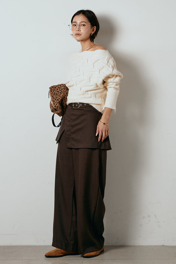 [SET]ボートネックニットトップス+ベルト付きウエストデザインパンツ(2set)