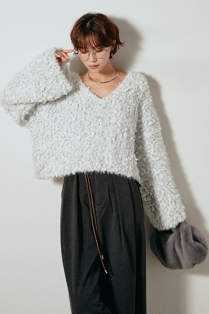 [SET]深Vネックチョウチョヤーンニットトップス+細フェイクレザーベルト付きワイドタックパンツ(2set)