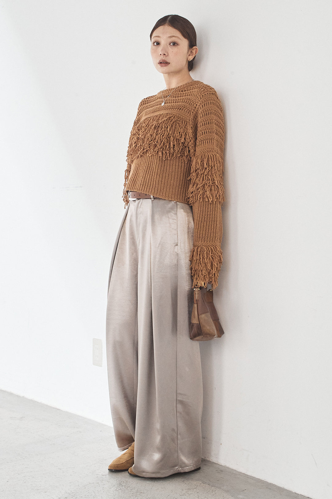 [SET]メッシュフリンジ切り替えプルオーバー+サテンタックワイドパンツ(2set)
