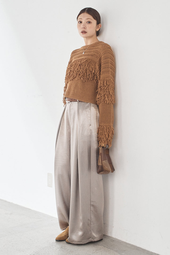 [SET]メッシュフリンジ切り替えプルオーバー+サテンタックワイドパンツ(2set)