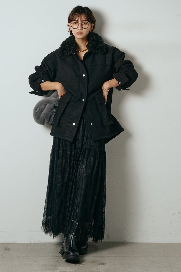 [SET]エコウール衿ファー薄中綿入りミドルカバーオール+ひげレース切替ロング丈スカート(2set)