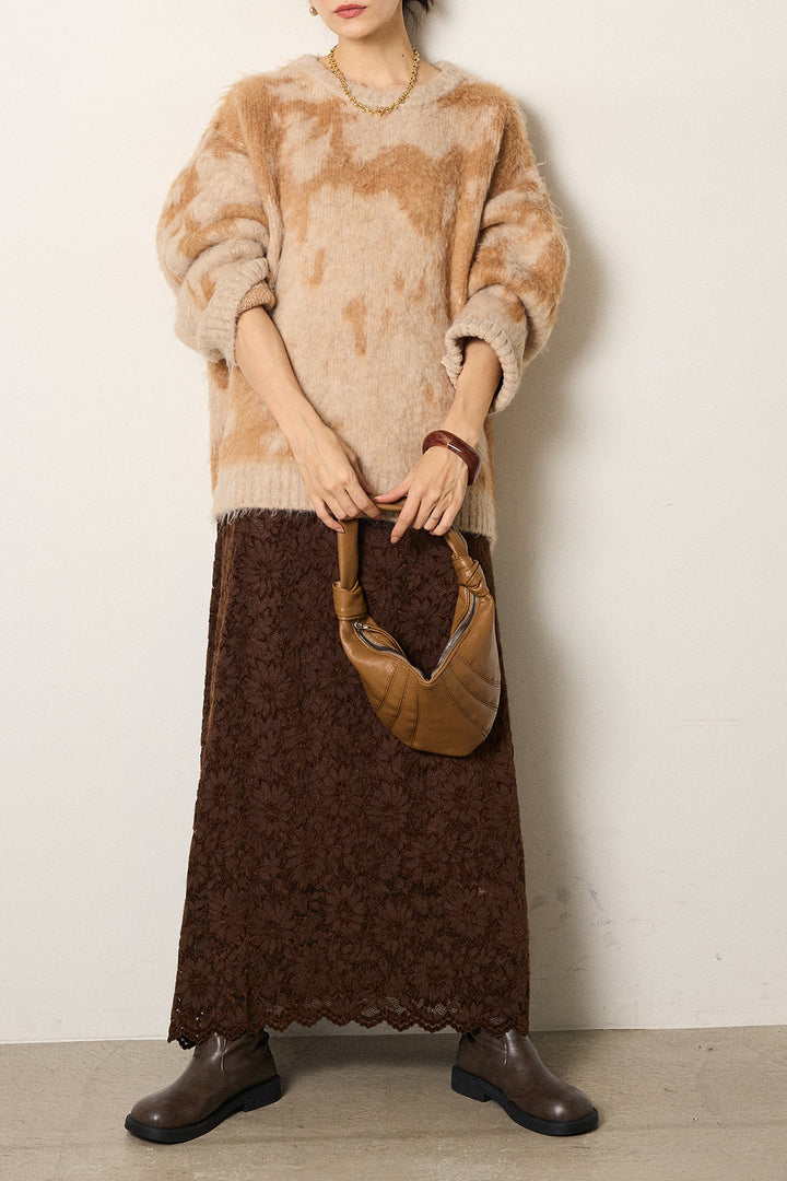 [SET]モヘアタッチマーブルニット+花柄刺繍ベロアフレアスカート(2set)