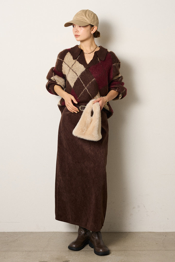 [SET]アクリルモヘアアーガイルキーネックプルオーバー+ロープベルト付きスウェード調スカート(2set)