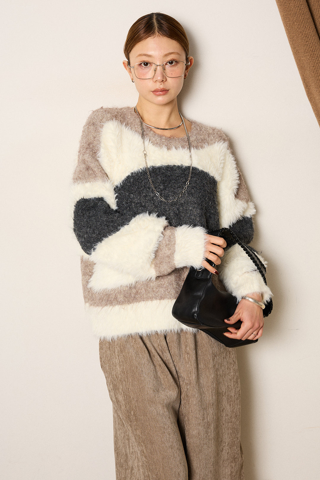 [SET]シャギーウェーブ柄クルーネックニットトップス+かすれデザインワイドパンツ(2set)