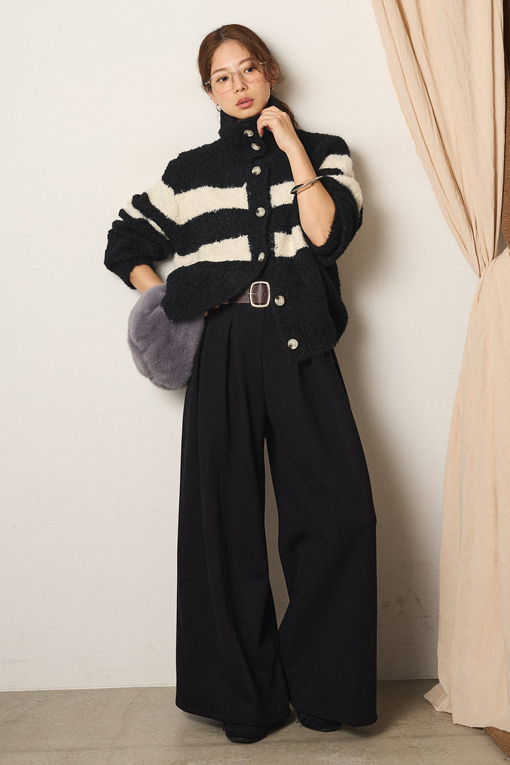[SET]ハイネックボーダーニットカーディガン+フェイクレザー太ベルト付きタックワイドパンツ(2set)