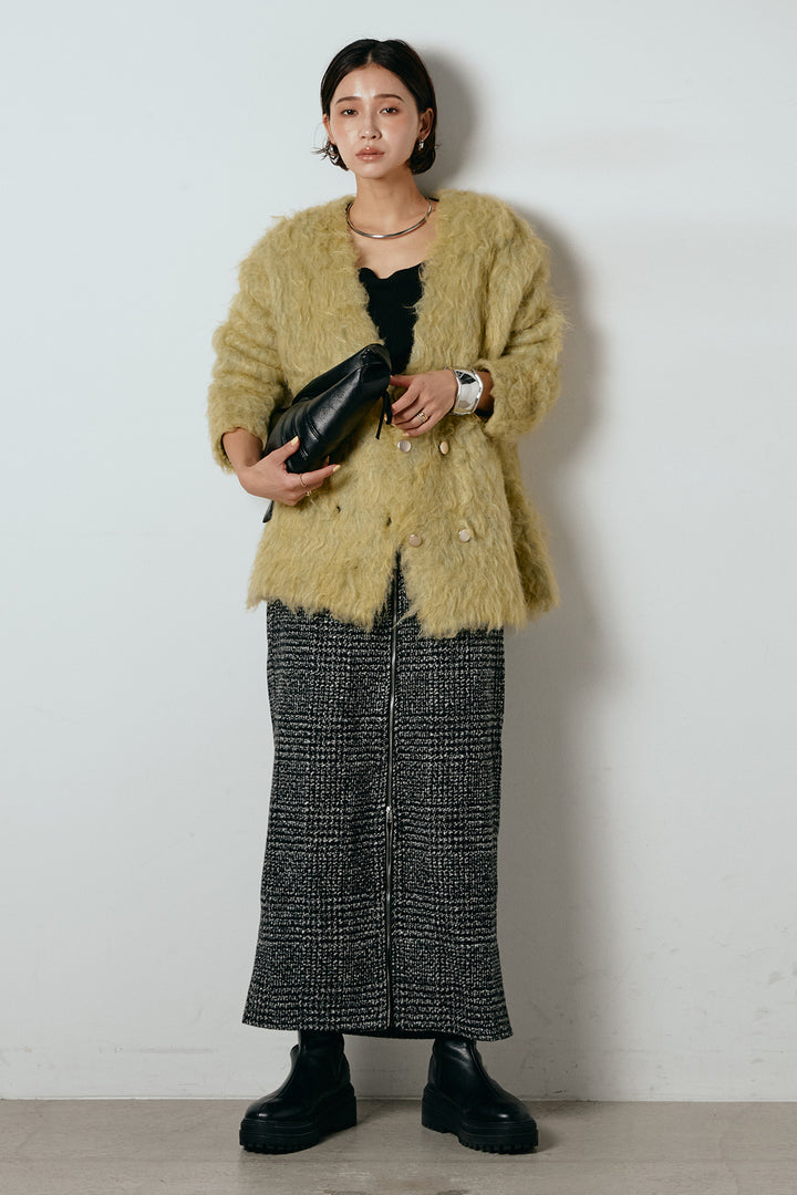 [SET]ウェーブシャギーニットジャケット+グレンチェック柄フロントジップタイトスカート(2set)