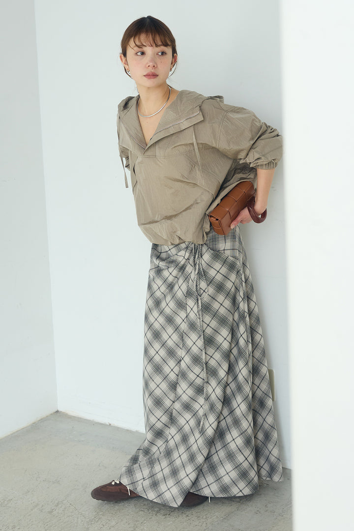 [SET]ナイロンフーディーブルゾンアウター+タータンチェック柄フロントデザインスカート(2set)