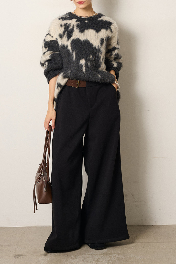 [SET]モヘアタッチマーブルニット+サイドベルトパンツ(2set)