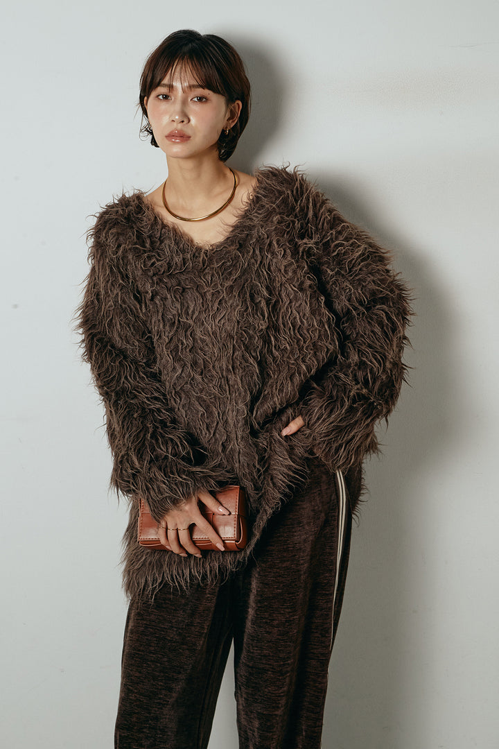 [SET]深Vネックシャギーニットトップス+リラックスサイドラインベロアワイドパンツ(2set)