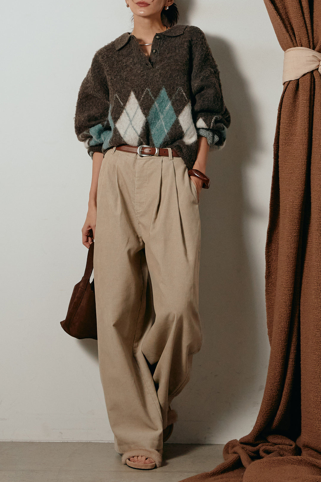 [SET]アーガイル柄ポロニットトップス+フロントタック入りコーデュロイパンツ(2set)