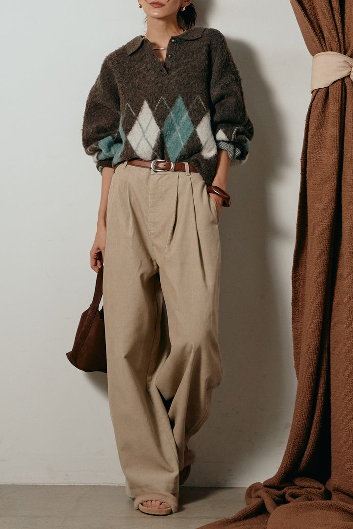 [SET]アーガイル柄ポロニットトップス+フロントタック入りコーデュロイパンツ(2set)