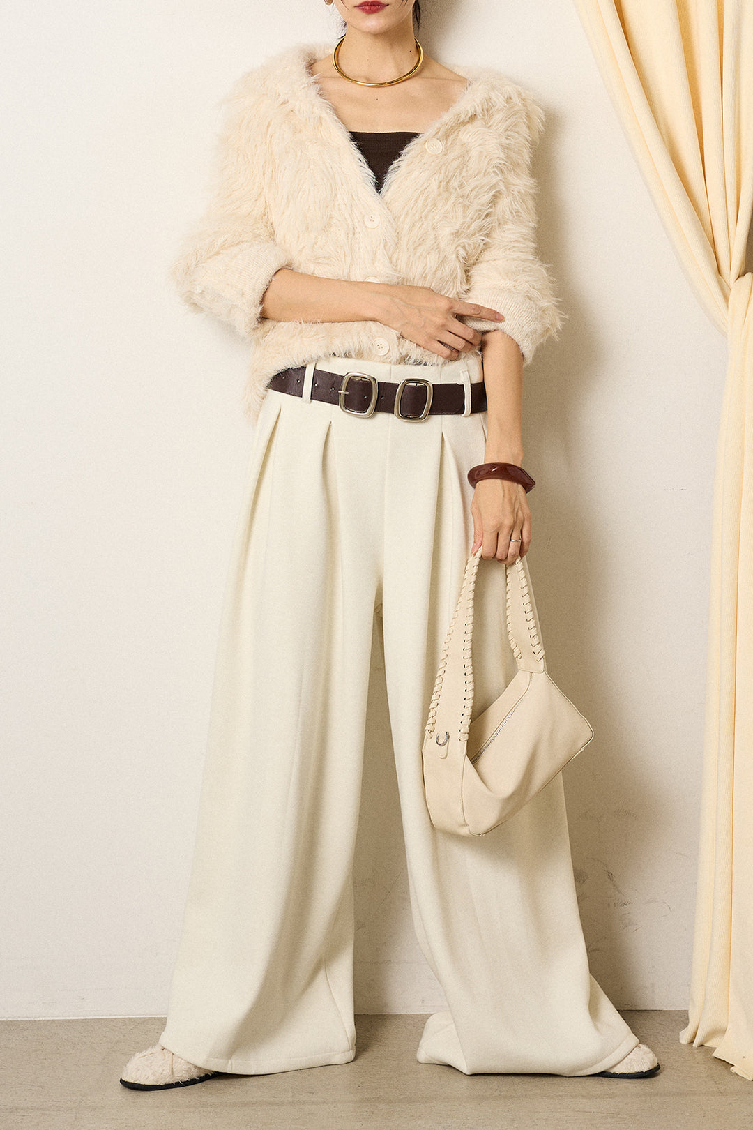 [SET]襟付きシャギーニットカーディガン+フェイクレザー太ベルト付きタックワイドパンツ(2set)