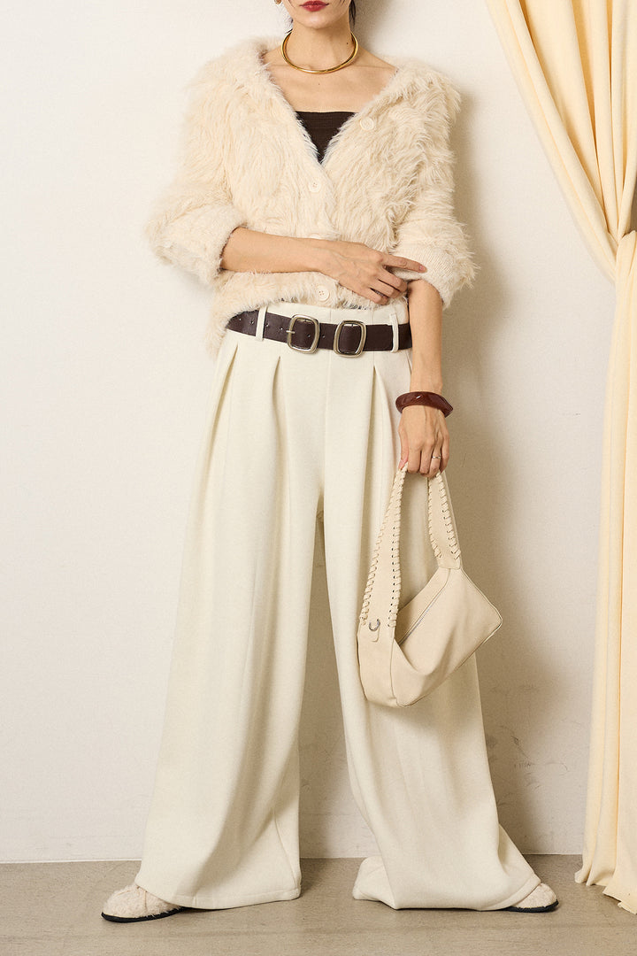 [SET]襟付きシャギーニットカーディガン+フェイクレザー太ベルト付きタックワイドパンツ(2set)