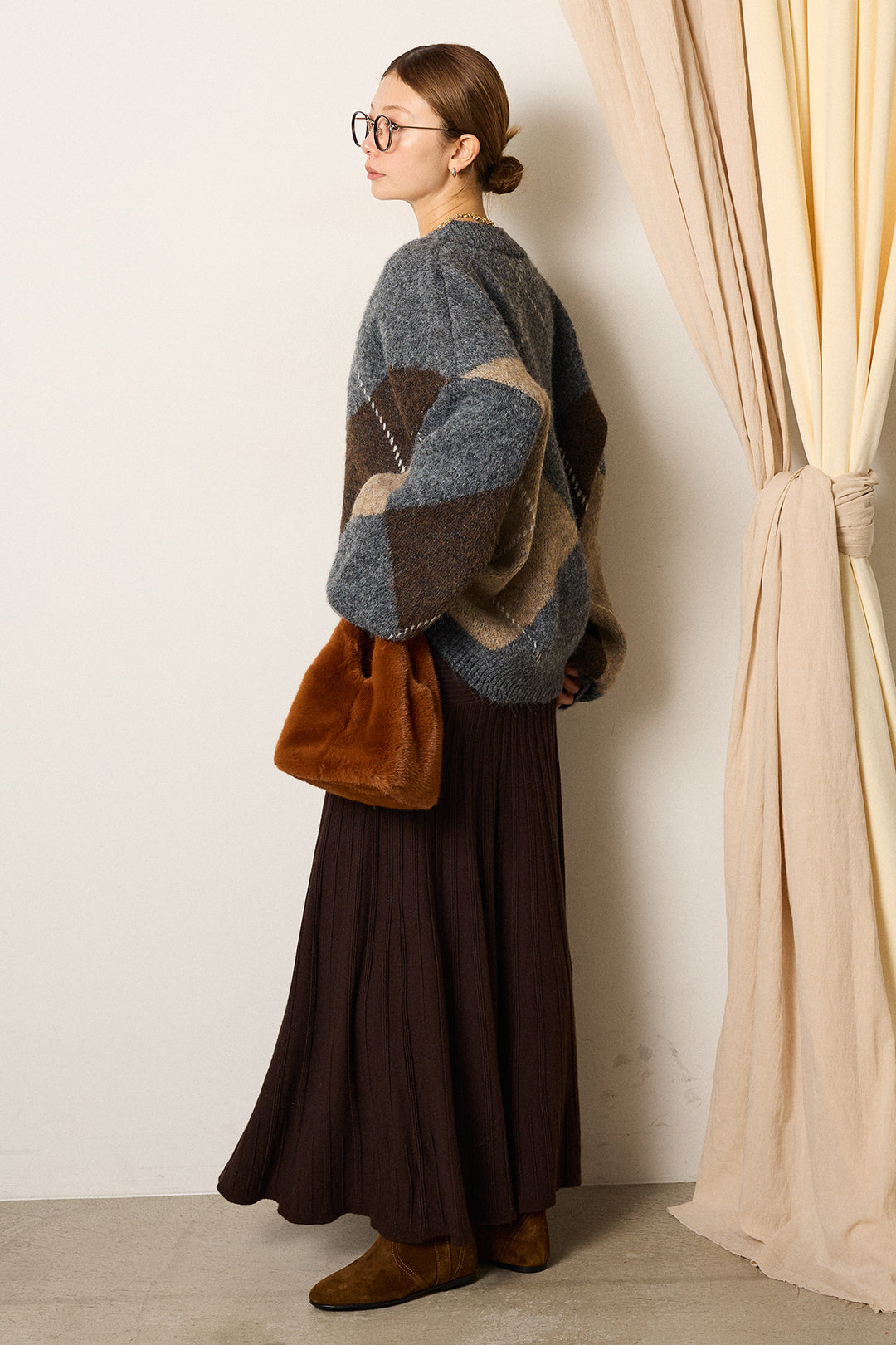 【着回しセット】[SET]ルーズアーガイルVネックニット+編み地切り替えフレアニットスカート+編み地切り替えフレアニットスカート(3set)