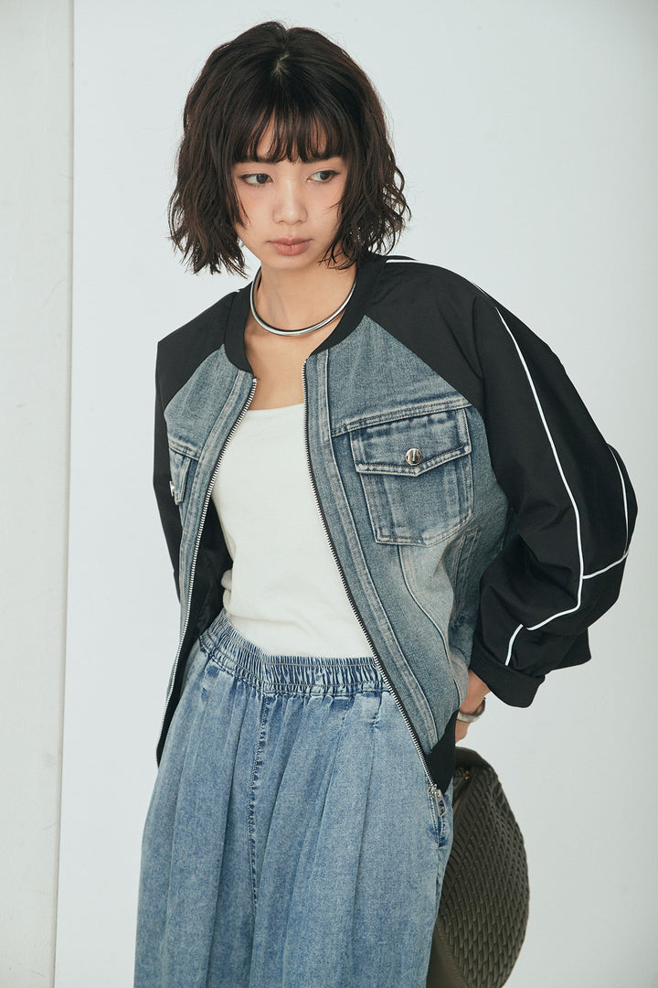 [SET]ナイロンデニムドッキングブルゾン+テンセルデニムイージーワイドパンツ(2set)