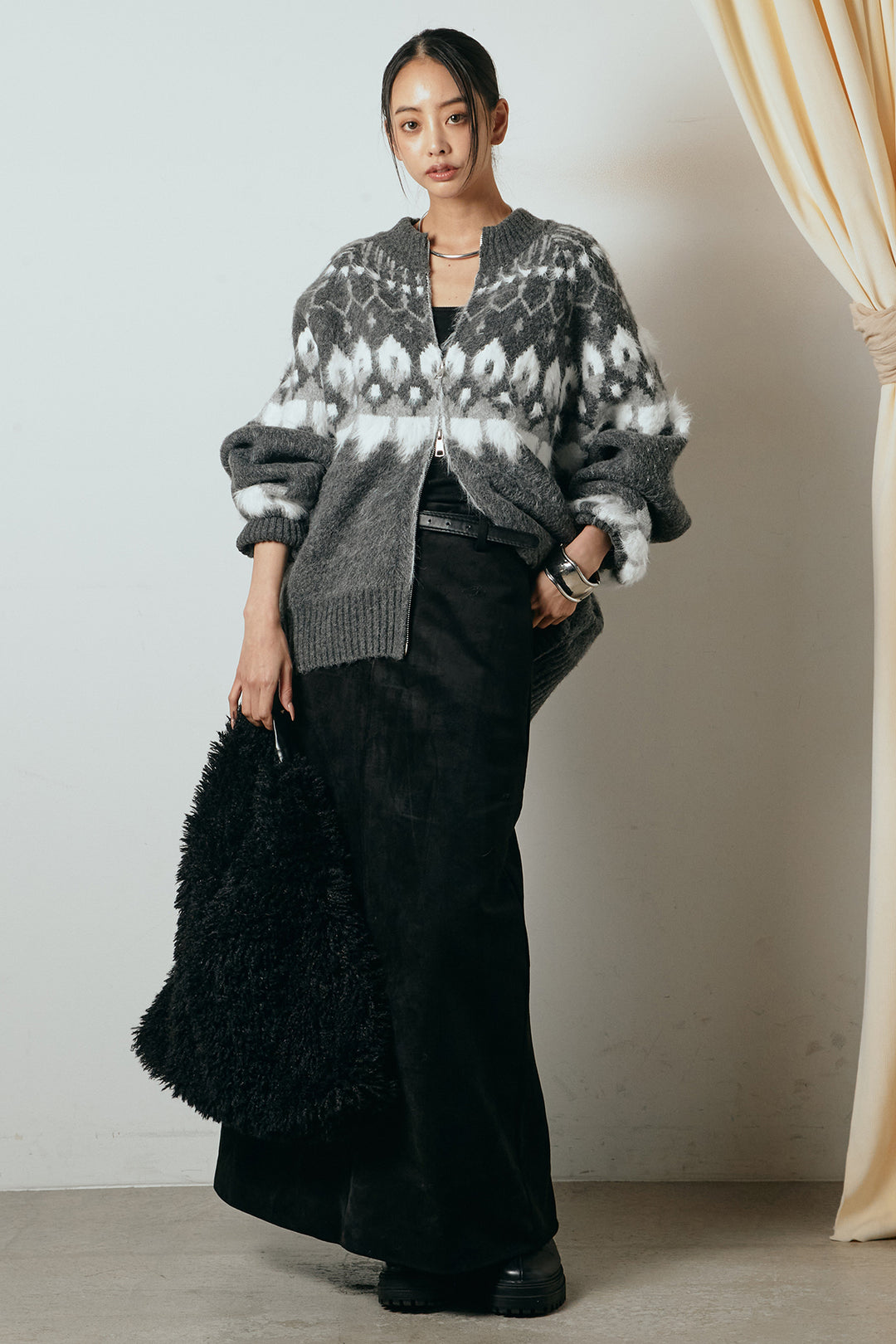 [SET]起毛ダブルジップパターンニットカーディガン+エコスウェードワイドスカート(2set)