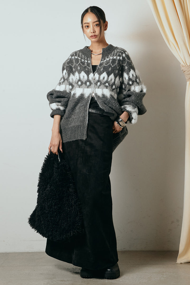 [SET]起毛ダブルジップパターンニットカーディガン+エコスウェードワイドスカート(2set)