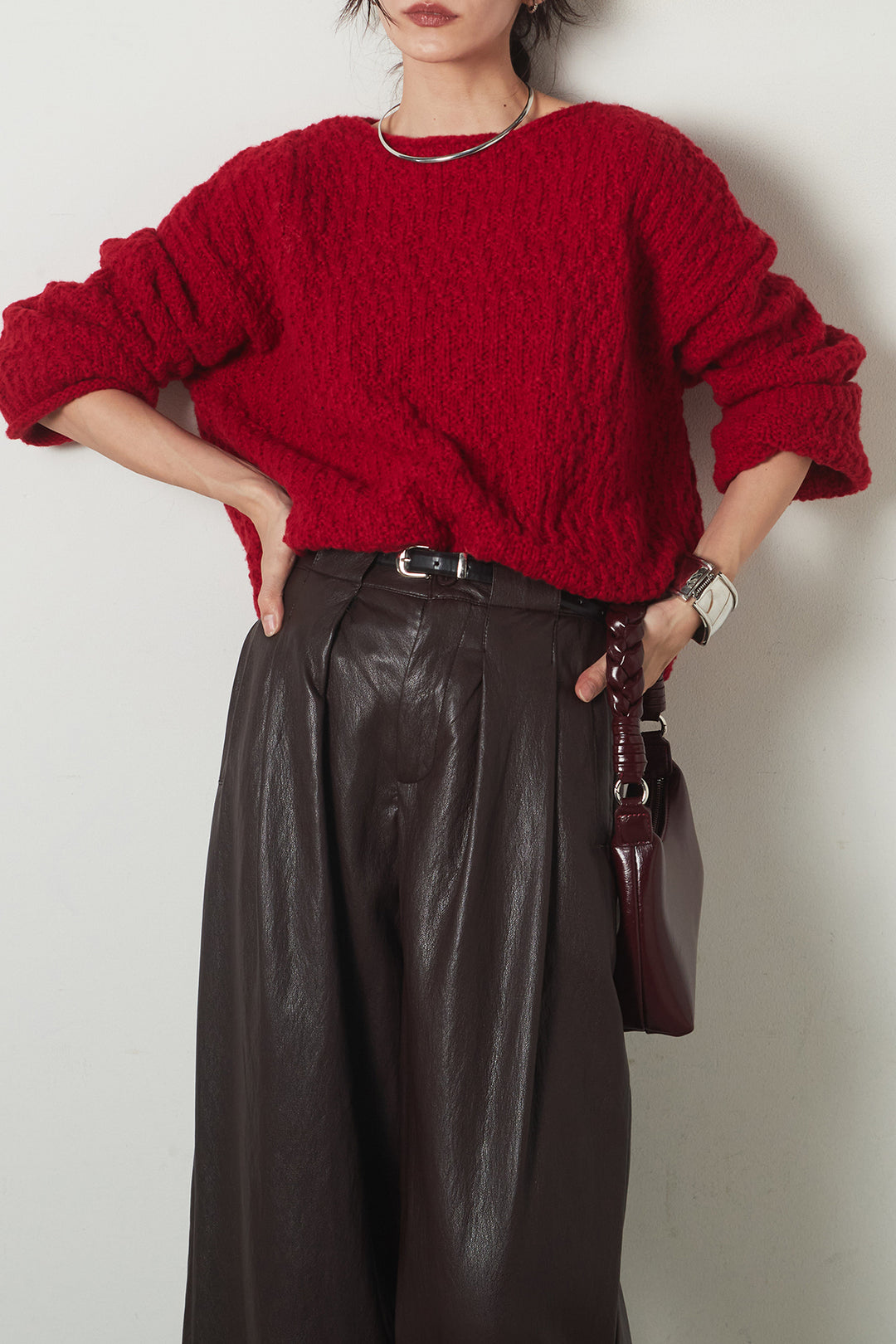 [SET]ボリューム編みニットプルオーバー+ベルト付きレザーライクタックパンツ(2set)