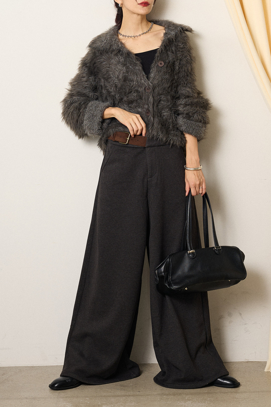 [SET]襟付きシャギーニットカーディガン+サイドベルトパンツ(2set)