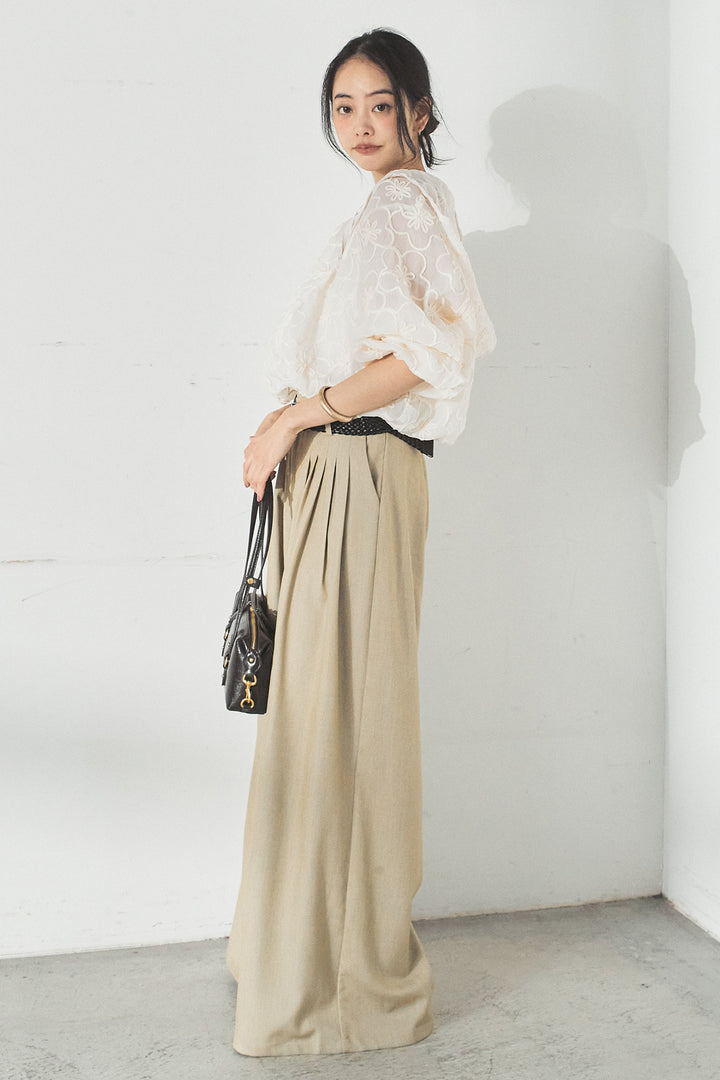 [SET]シアーフラワーフードブルゾン+編みベルト付きウエストタックワイドパンツ(2set)