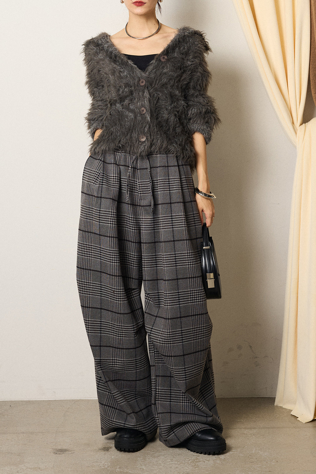 [SET]襟付きシャギーニットカーディガン+グレンチェックルーズタックパンツ(2set)