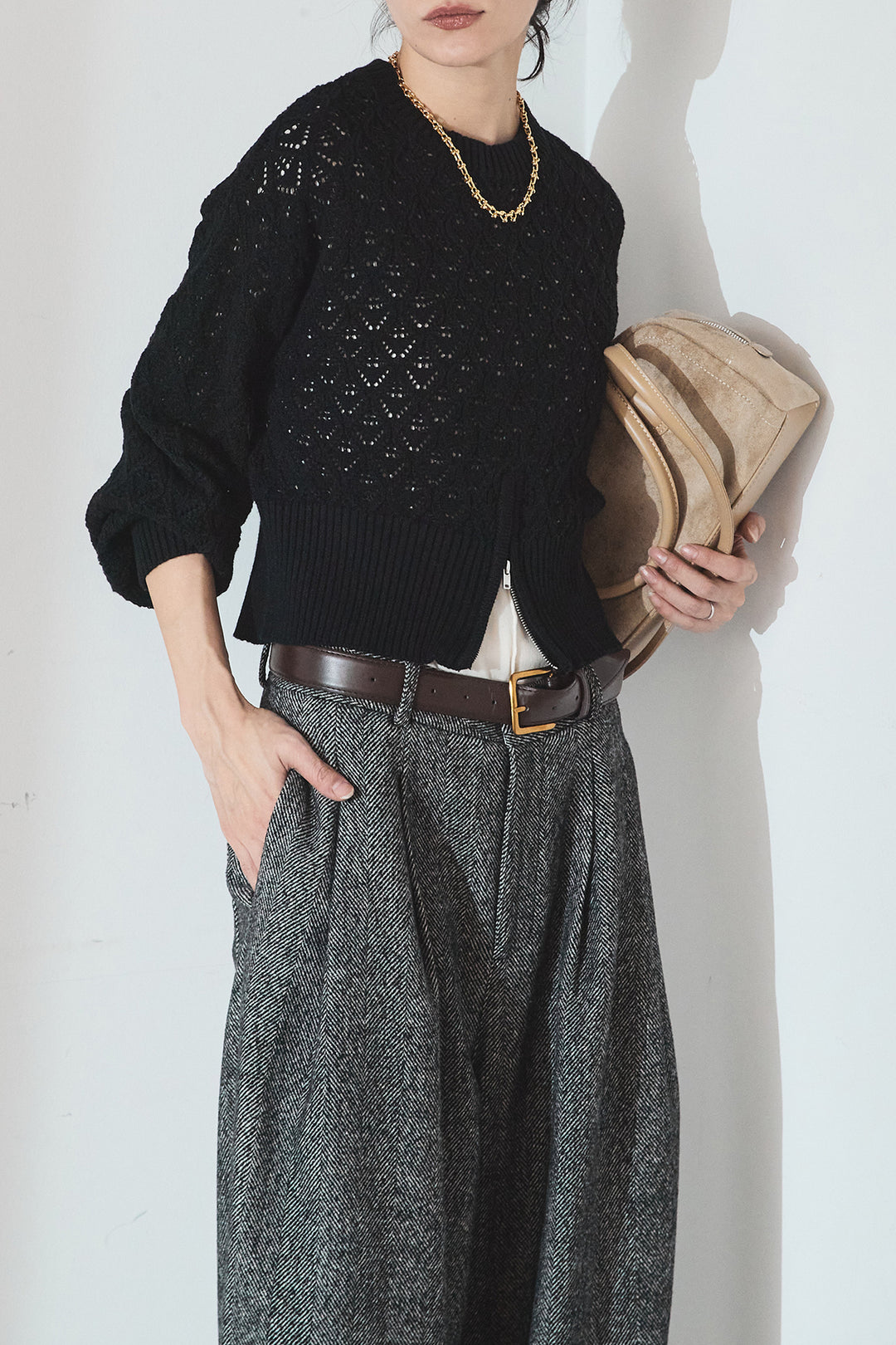 [SET]透かし編みニットジップスリットプルオーバー+タックツイードワイドパンツ(2set)