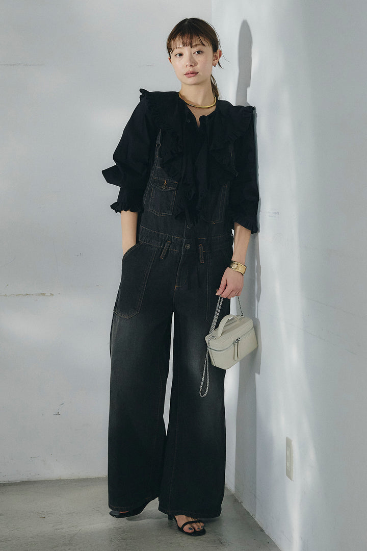 [SET]コットンフリルブラウス+デニムサロペットワイドパンツ(2set)