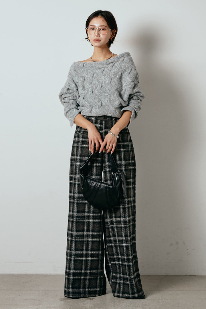 [SET]ボートネックニットトップス+ルーズタータンチェックワイドパンツ(2set)