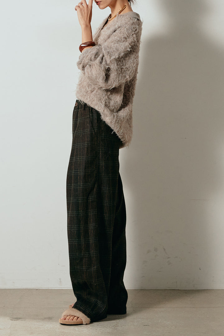 [SET]襟付きシャギーニットポロトップス+タータンチェック柄タックパンツ(2set)