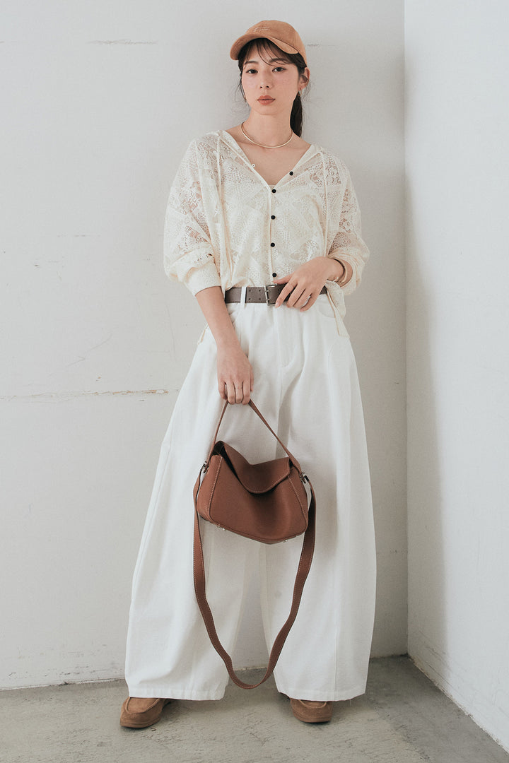 [SET]ブロックレースフード付きブラウス+ベルト付きサイドタックワイドパンツ(2set)