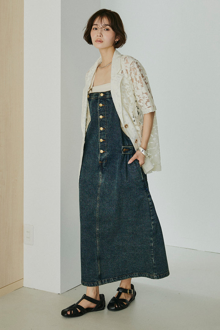 [SET]シアージャガードハーフスリーブテーラードジャケット+配色ショルダーデニムサロペットスカート(2set)