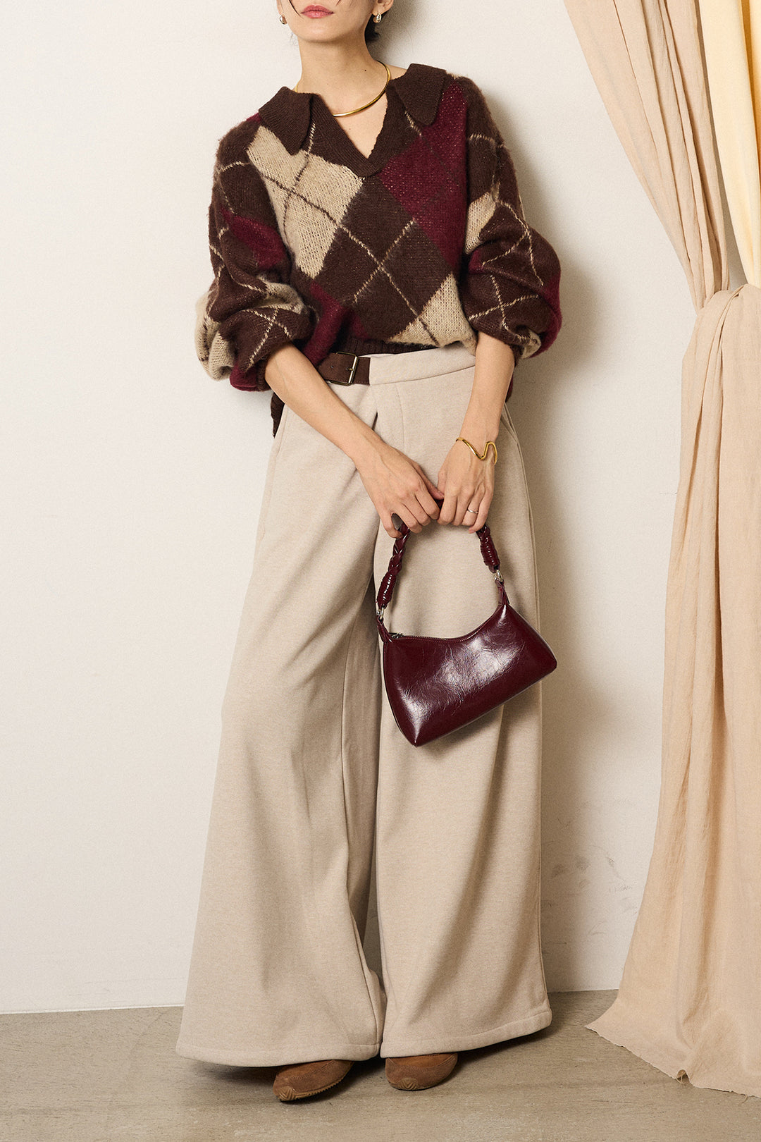 [SET]アクリルモヘアアーガイルキーネックプルオーバー+サイドベルトパンツ(2set)