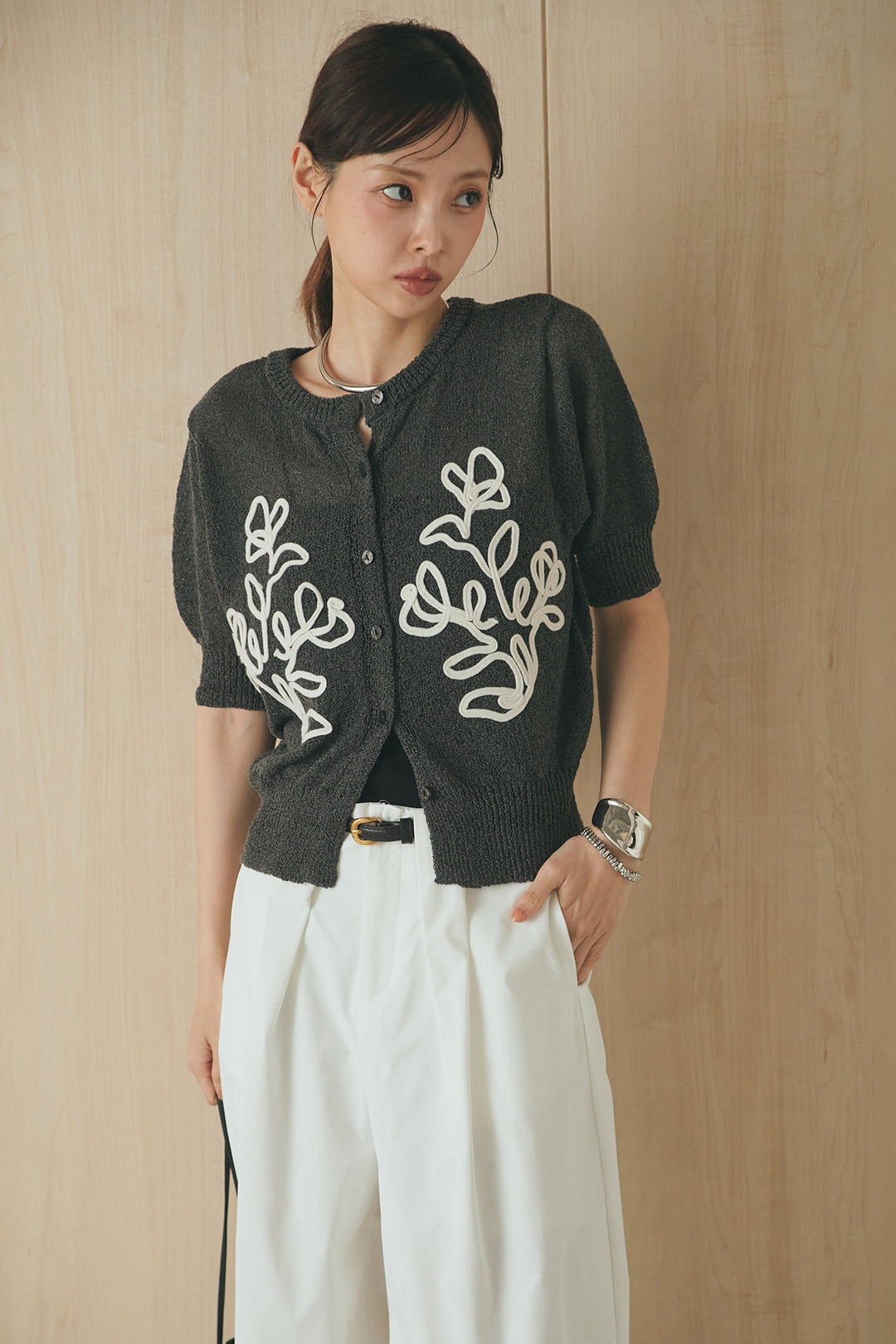 [SET]フロントテープデザイン半袖カーディガン+ベルトループデザインハイウエストタックパンツ(2set)