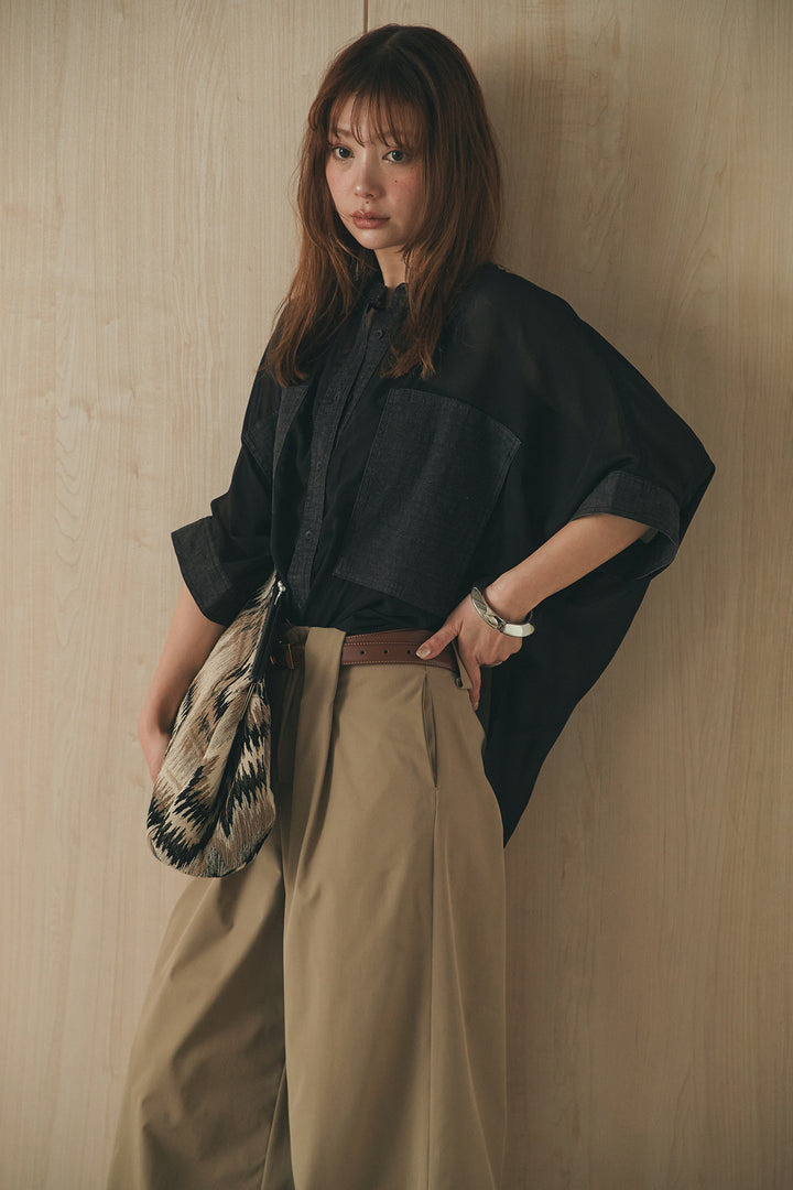 [SET]デニムライクビッグツーポケシアーシャツ+ベルトループデザインハイウエストタックパンツ(2set)