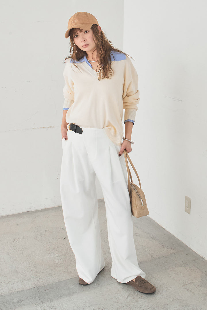 [SET]バイカラーニットレイヤード風プルオーバー+サイドベルトタック入りスラックス(2set)