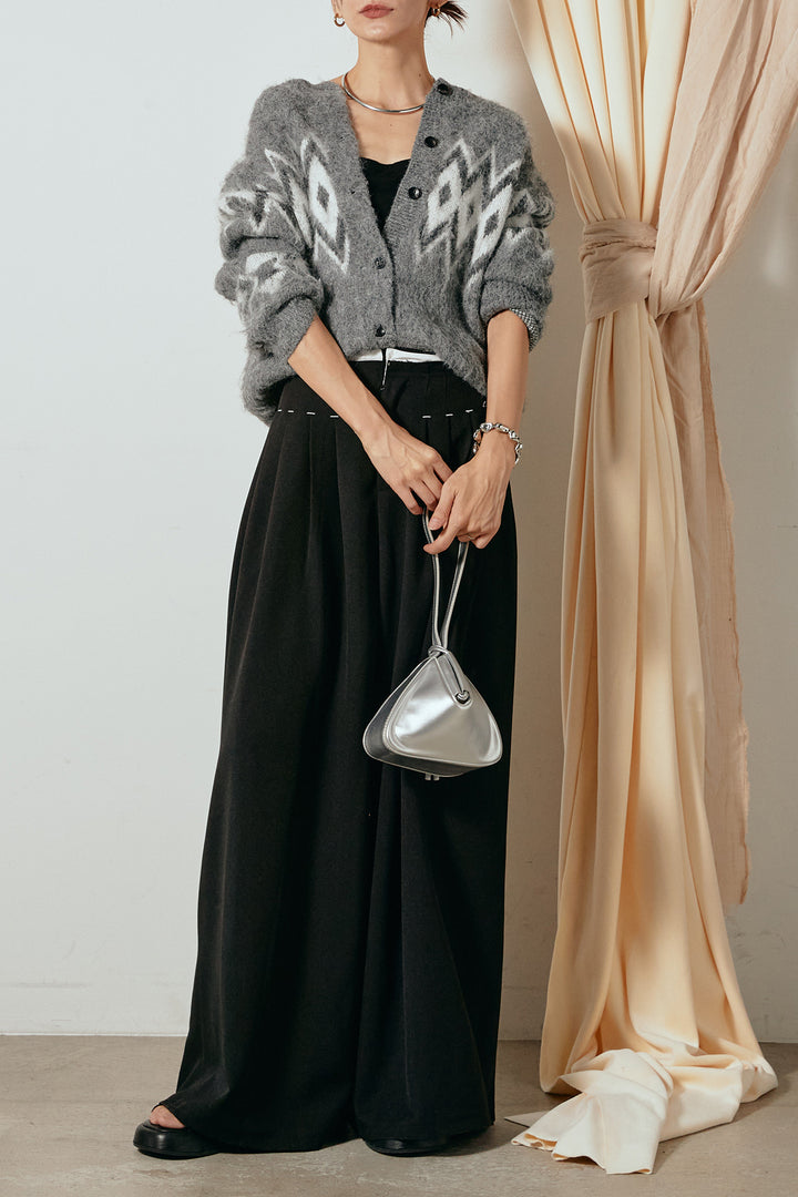 [SET]起毛ノルディック柄ニットカーディガン+ウエストステッチデザインワイドスラックス(2set)