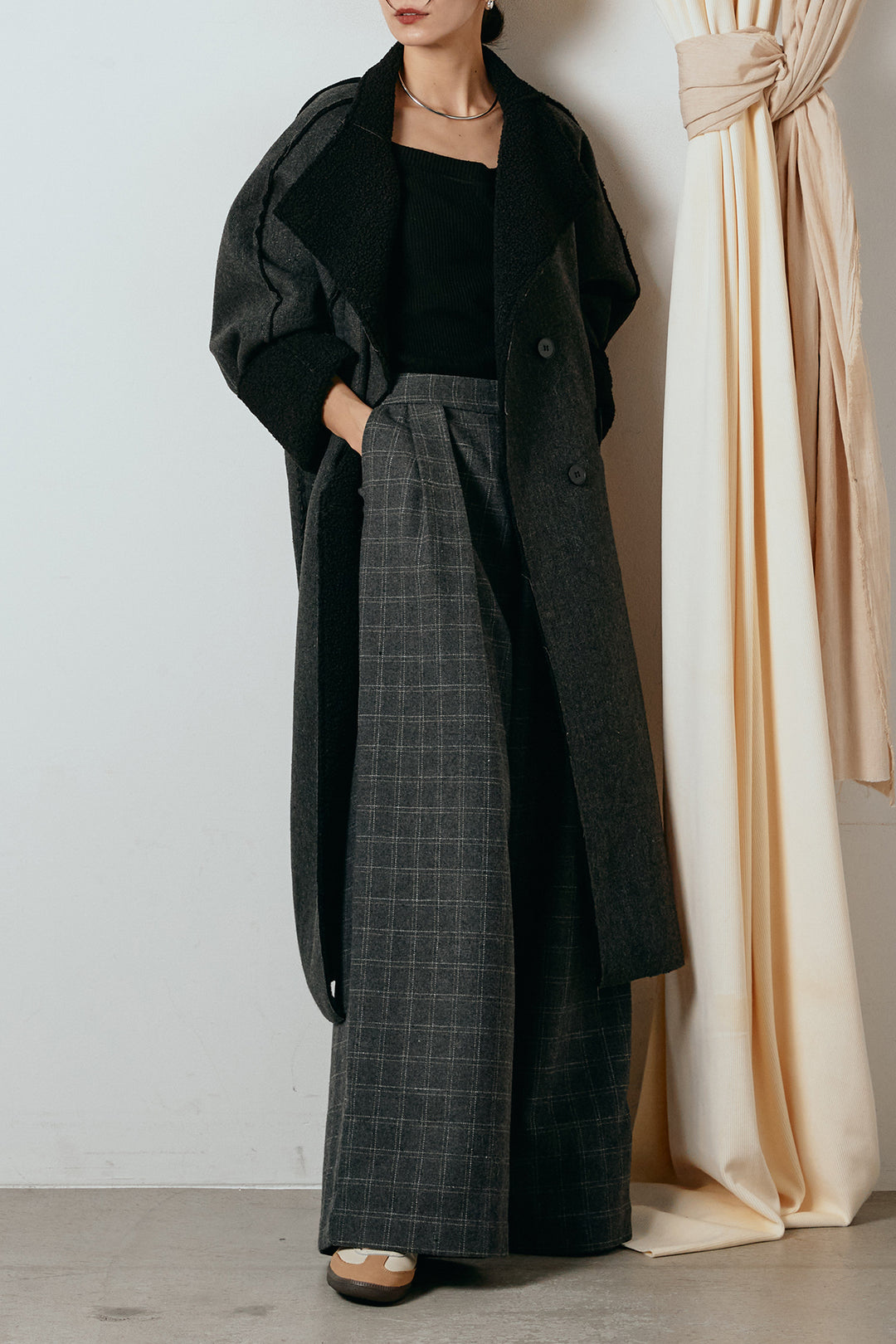 [SET]裏地ボアハイネックロングアウター+ウールライクチェックタックパンツ(2set)