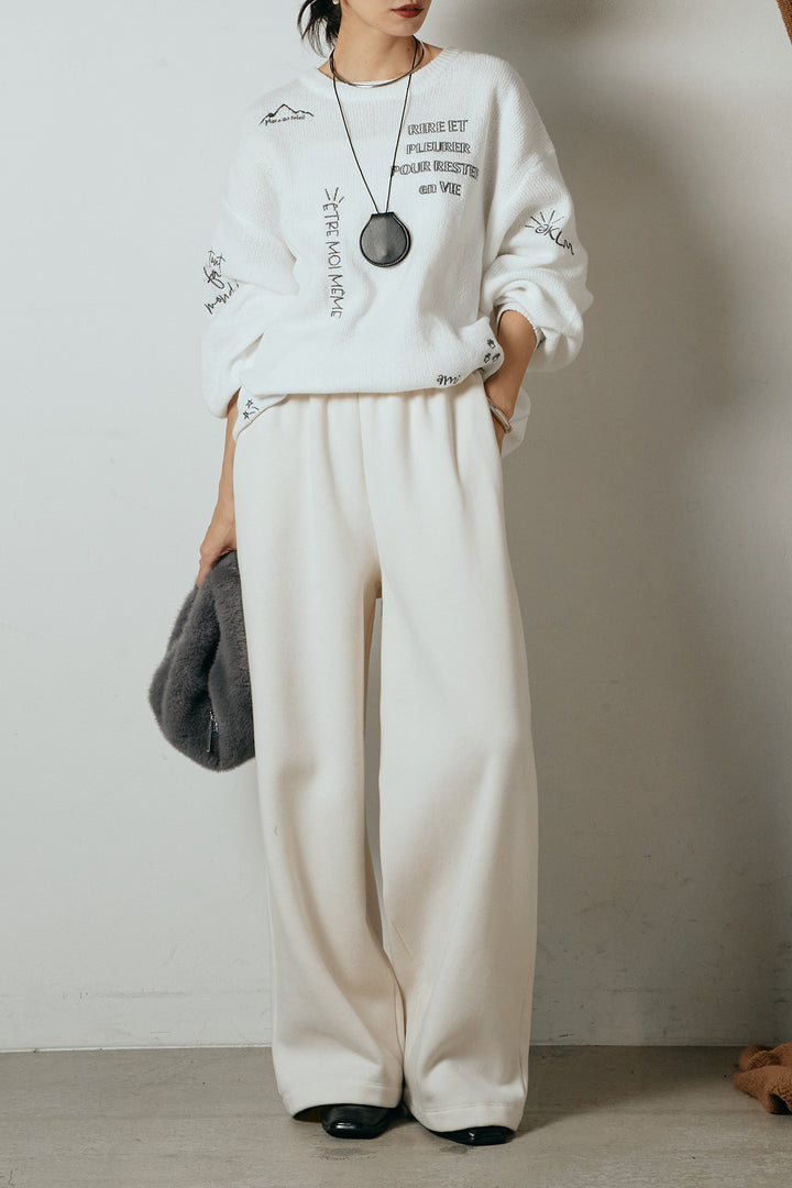 [SET]刺繍ロゴランダムデザインニットトップス+裏起毛スウェットワイドパンツ(2set)
