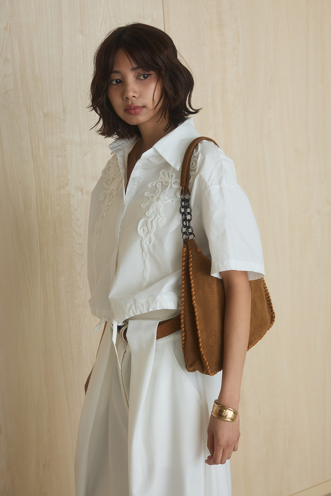 [SET]フロントテープ刺繍ウエストドロストシャツ+ベルトループワイドパンツ/ホワイト(2set)