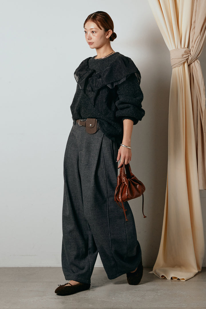 [SET]アシンメトリーフリルニットトップス+ポーチベルト付きカーブパンツ(2set)