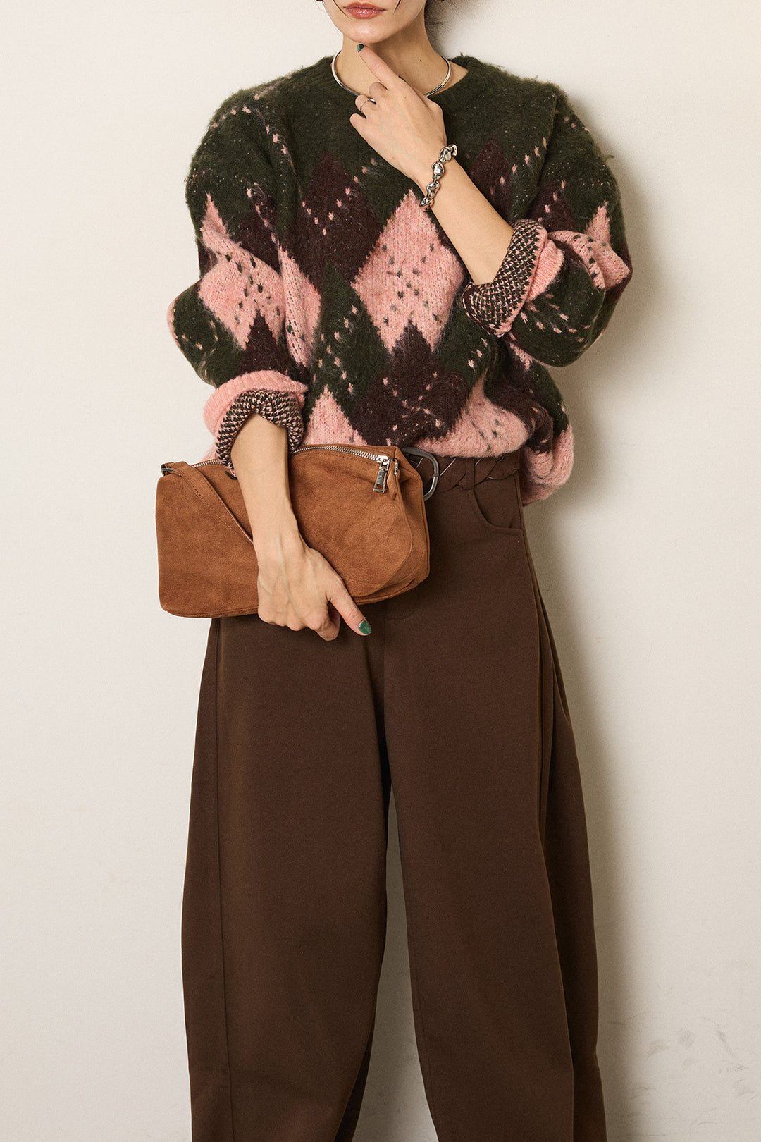 [SET]配色アーガイル柄ニットトップス+編みベルト付きワイドパンツ(2set)