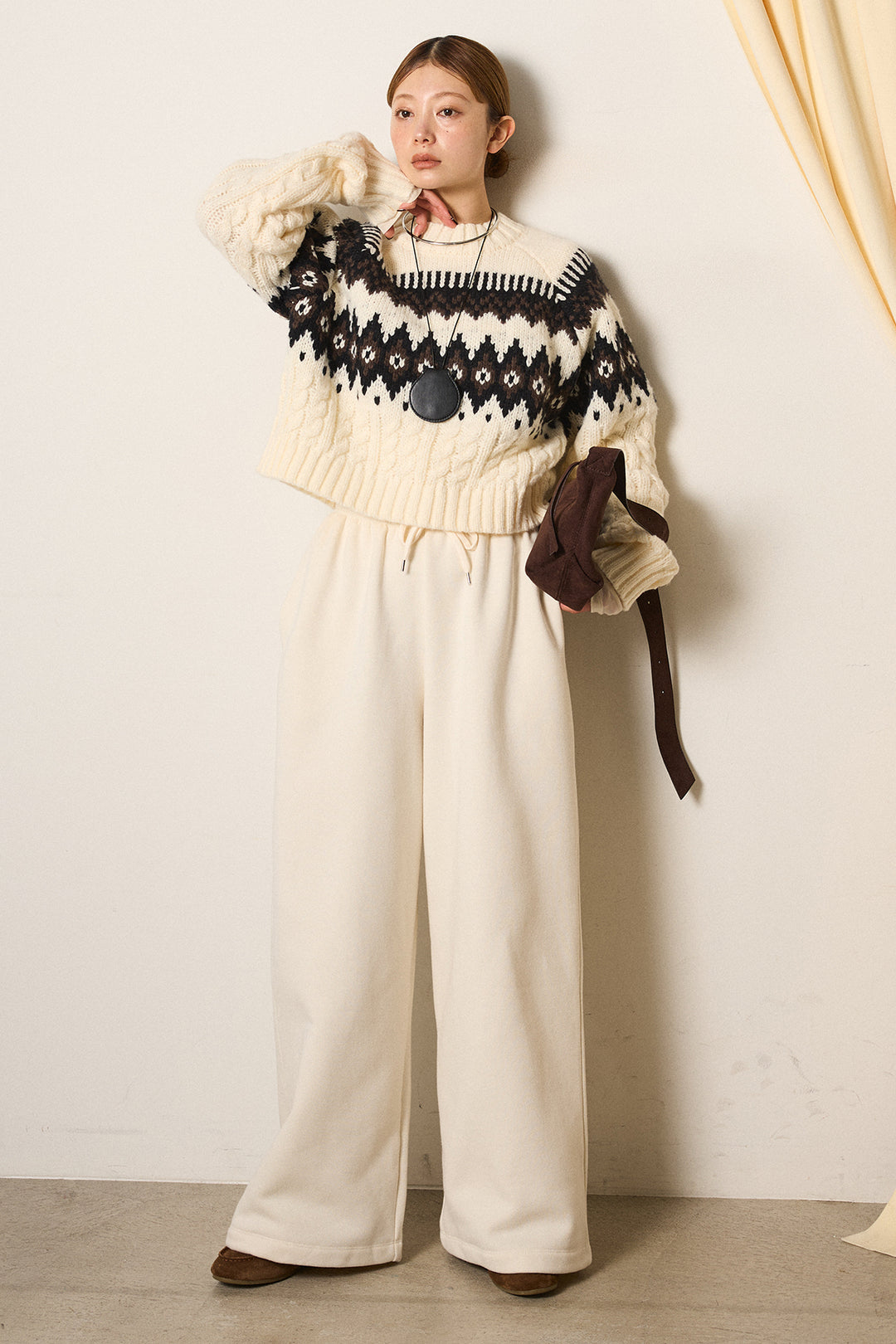 [SET]2WAY求心柄ジャガードショートカーディガン+裏起毛スウェットワイドパンツ(2set)