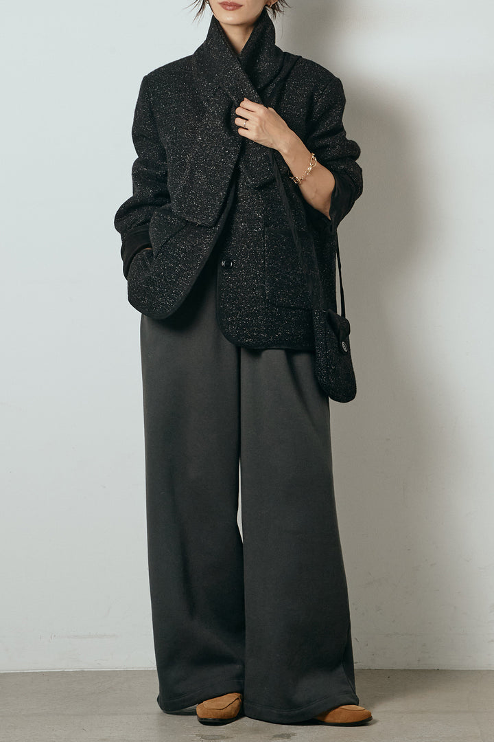 [SET]ノーカラーマフラーバッグ付きアウター+裏起毛スウェットワイドパンツ(2set)