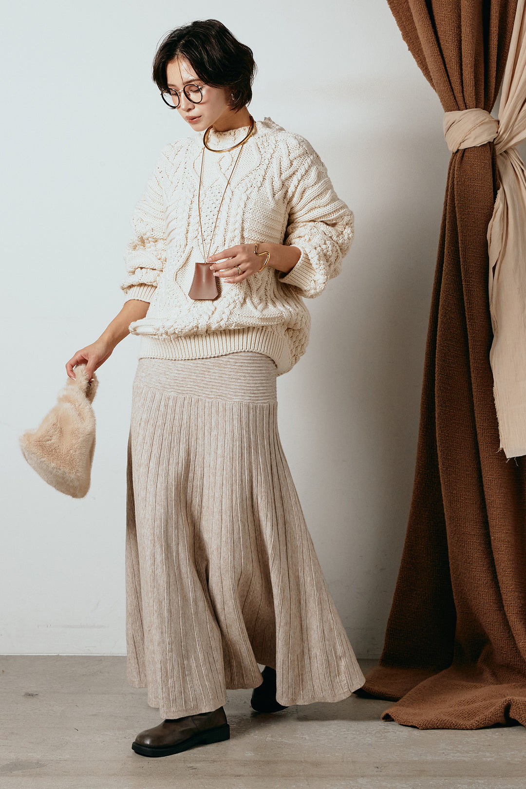 [SET]アラン柄ミックスケーブルニット+編み地切り替えフレアニットスカート(2set)