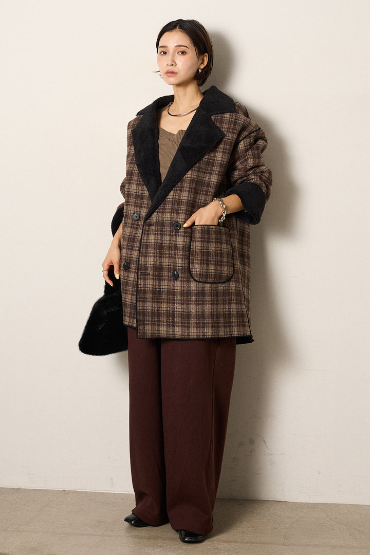 [SET]裏地ボアタータンチェック柄ミディアムコート+裏起毛スウェットワイドパンツ(2set)