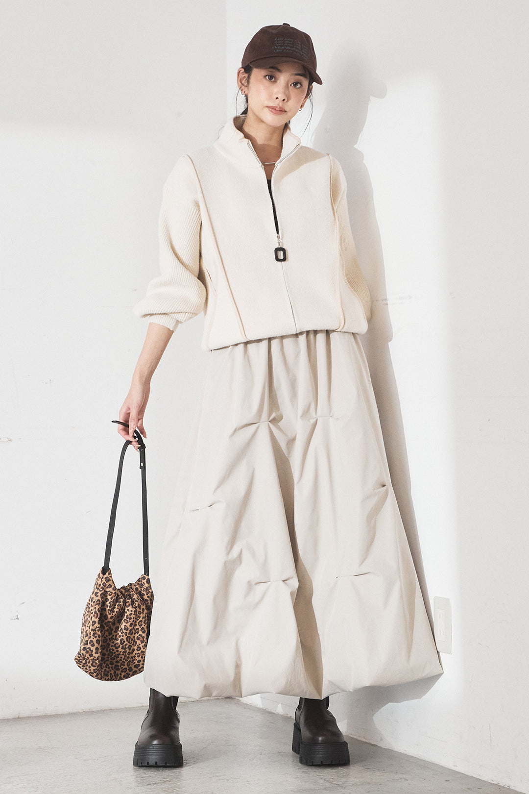 [SET]ハイネックパイピングデザインブルゾン+ランダムタックバルーンスカート(2set)