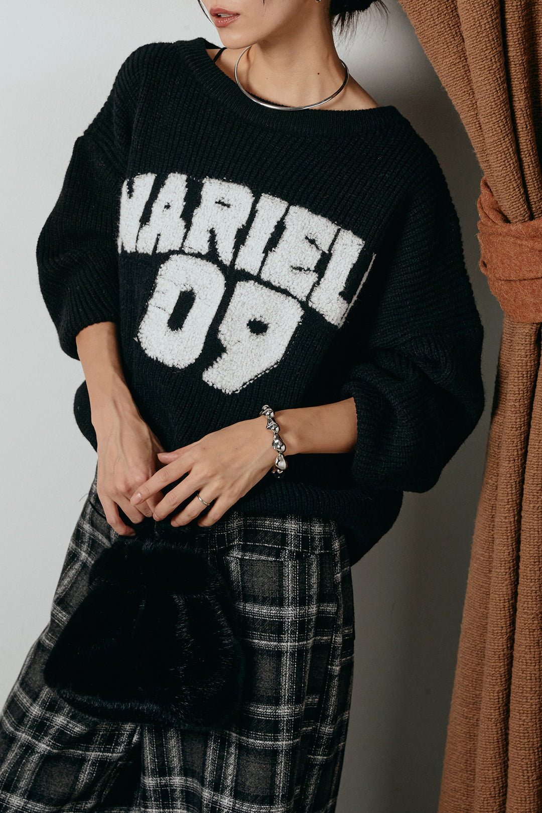 [SET]ロゴジャガードニットトップス+ルーズタータンチェックワイドパンツ(2set)